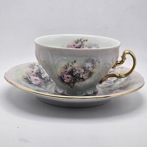 Floral Teacup and Saucer w/ Gold Handle Bernadotte Fine Porcelain Czech Republic